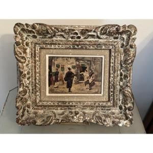 Small Antique Genre Scene, Spanish School, Oil On Cardboard, 19th Century, Small Painting