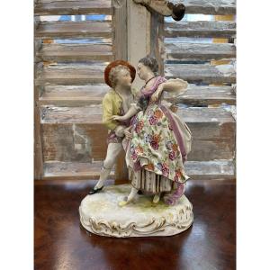 Antique German Porcelain Group From Sitzendorf, Depicting A Gallant Scene, Late 19th Century