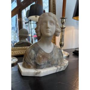 Antique Marble And Alabaster Bust Sculpture, Signed Late 19th Century, Art Nouveau Style: A Young Girl 