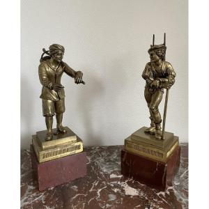 Pair Of Gilt Bronze Statues Mounted On Marble Bases: The Peddlers, Early 19th/late 18th Century