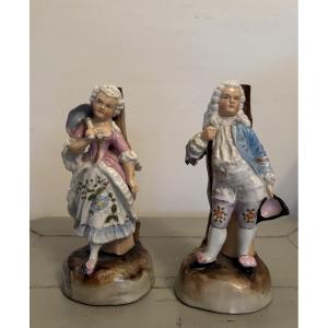 Antique Pair Of Porcelain Figurines: The Marquises, Late 19th Century, Forming Candlesticks