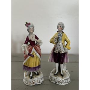 Antique Pair Of Small 19th-century Porcelain Figures, Marquis And Marquise, Meissen Era