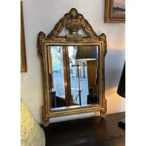 Antique Louis XVI Mirror With Pediment, Late 19th Century, Gilded Wood 