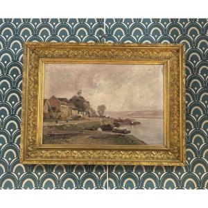 Antique Painting, Oil On Canvas, Banks Of The Seine By Galien Laloue, Impressionist 