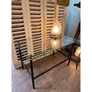 Antique Small Vintage Coffee Table In The Style Of Pierre Guariche, Antique Glass, 20th Century