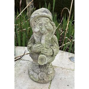 Antique Garden Gnome Sculpture In Reconstituted Stone, 20th Century Vintage