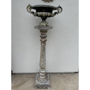 Antique Patinated Wooden Pedestal Stand From The Late 19th Century, Display Column