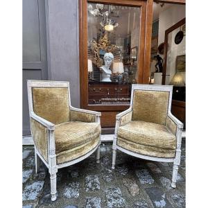 Antique Pair Of Bergère Armchairs, 18th Century Louis XVI Directoire Period, Lacquered Wood 