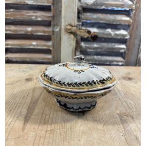 Original Small Compartmented Tureen/salt Cellar, Nevers Faience, 18th Century, Antique Earthenware