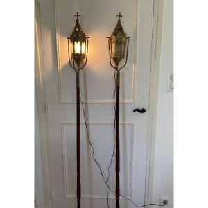 Antique Pair Of Metal Processional Lanterns, Electrified Around 1890-1900