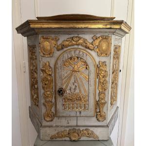 Antique Tabernacle In Gilded And Lacquered Wood, 18th Century, Paschal Lamb, 61 X 70 X 33 Cm