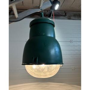 Large, Vintage Industrial Lantern In Green Sheet Metal, Philips Nvf, Circa 1950, Industrial Loft Chandelier