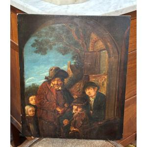 Antique Oil Painting On Panel, Flemish School, Early 19th Century, By Jansz Van Ostade