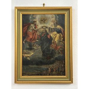 Antique Oil Painting On Copper, 17th Century, Flemish School, Coronation Of The Virgin