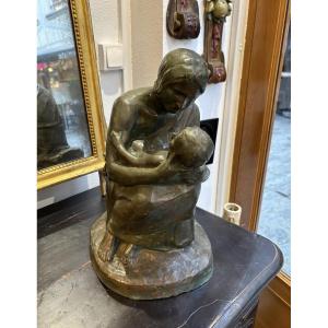 Antique Bronze With A Green Patina, Beautiful Statue Circa 1925, "maternity" By J. Ebstein, "tenderness"