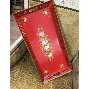 Antique Tin Serving Tray With Floral Decoration, 20th Century, Good Condition
