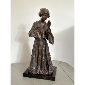 Antique Patinated Bronze Sculpture Of A Young Girl At Her Mirror, Circa 1920, Art Nouveau Style 