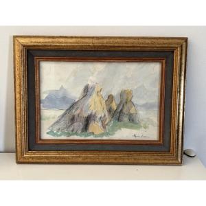 Watercolor Drawing By Albert Malet Rouen School, Millstones At Harvest Time Early XXth Century