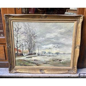 Old Large Painting Post Impressionist Ecole De Rouen M Laquay Pays De Caux En Hiver