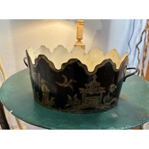 Antique Rafraichissoir In Painted Sheet Metal With Chinese Decor Late 19th Century Basket Pot