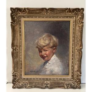 Old Painting Portrait Of A Boy By Gaston Blondeau Oil On Mahogany Panel Mid XX Eme