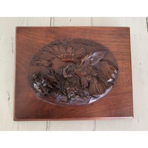 Raptor Hunting Scene On Waterfowl, Carving On Mahogany Panel, 19th Century