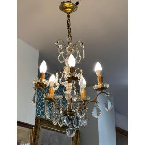 Antique Crystal And Bronze Chandelier Late 19th Century Circa 1900 5-light Pendants