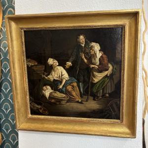 Antique Painting, Late 18th Century French School After Greuze : The Presentation Of The Last Born