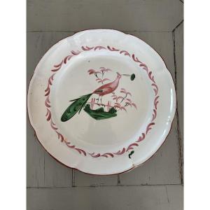 Antique Islettes Earthenware Plate, 19th Century, Decorated With A Peacock