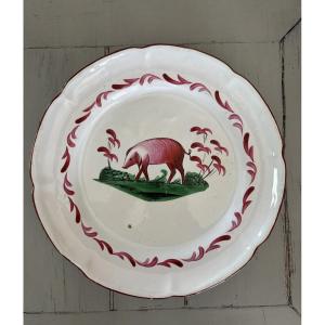 Antique Islettes Earthenware Plate, 19th Century, Decorated With A Pig