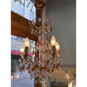 Antique Chandelier With Tassels And Pendants Early XX Eme In The Taste Of Bagues 5 Feux Gouttes