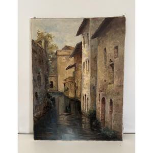 French School Jura Old Painting Oil On Canvas Clairvaux Les Lacs Am Vidaillet 1950