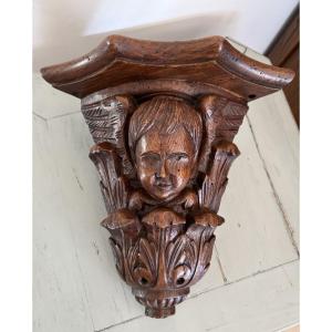 Antique Small Corner Bracket With Cherub Circa 1900 Putti Putto Angel Carved Wood