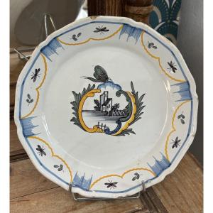Antique Nevers Earthenware Plate 18th Century Cartouche Butterfly Décor Earthenware