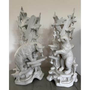 Antique And Large Pair Of Polar Bears In Porcelain Bisque, Circa 1900. White Bear 36 Cm