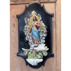 Antique And Large Wooden Benitier Stucco Polychrome Period XIX Eme Siècle Polychromie Ange Putti