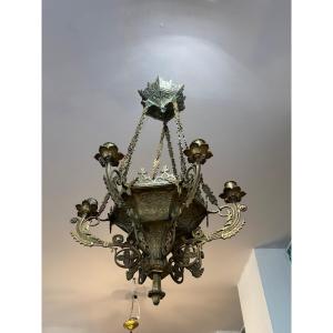 Antique Late 18th Or Early 19th Century 5-light Frosted Bronze Gothic Chandelier