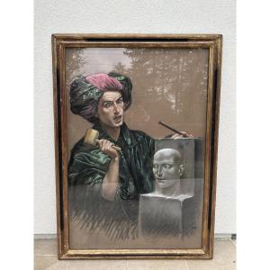 Large And Splendid Pastel: The Sculptor By Thierry Bruet 86 Art Contemporain