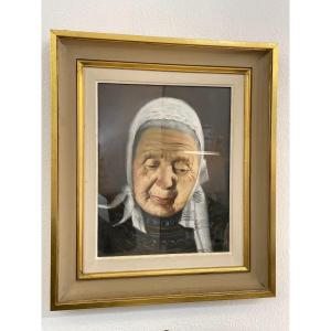 Old Pastel Painting, Realistic Breton School Signed By Max Riou Early 20th Brittany