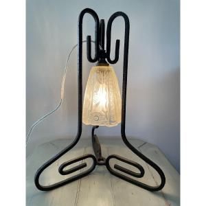 Old Art Deco Wrought Iron Lamp Circa 1930 With Its Molded Pressed Glass Tulip