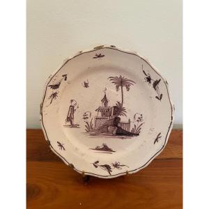 Old Earthenware Plate From Saint Omer Chinese Manganese Decor Ep XVIII