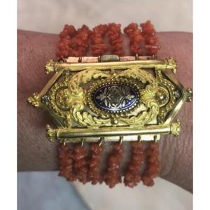 Coral / Gold Metal / Enamel Bracelet