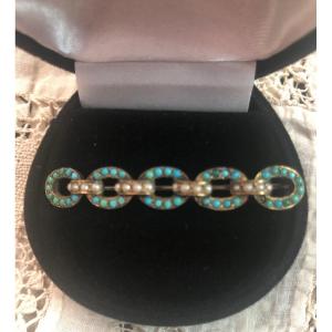 Silver Brooch / Turquoise And Fine Pearls