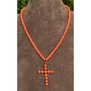 Coral Cross Necklace; Gold