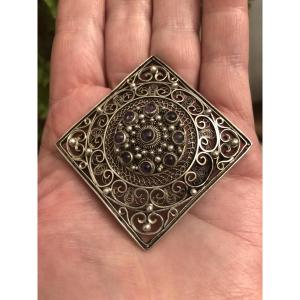 Ethnic Silver And Amethyst Brooch