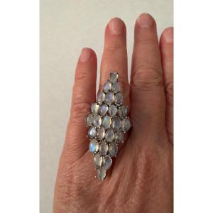 Silver Diamond-shaped Ring With Moonstones 