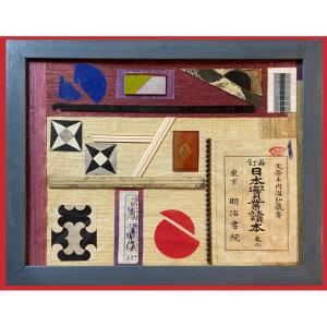 French School (mid-20th Century) - Interesting Collage With Fabrics And Japanese Book