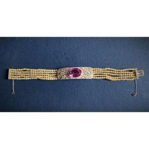 A  Art Deco Bracelet With Pearl Diamonds And Amethyst - Spain, 1930s