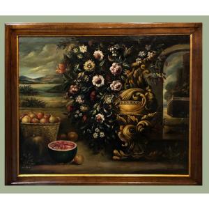 European School (xix) - Still Life In Front Of Bucolic Landscape