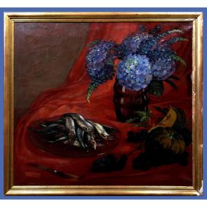 André Vancoillie (1914-1975) - Still Life With Tray Of Sardines And Hydrangeas